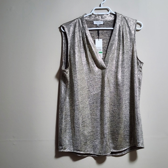 Calvin Klein mettalic v neck sleeveless blouse color gold Size large - Picture 5 of 6